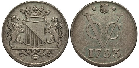 Netherlands East Indies Indonesia silver coin 1 one duit 1753, Utrecht mint, lions supporting crowned shield, monogram of East Indies Company, date below,