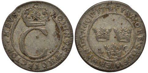 Sweden Swedish silver coin 4 four ore 1717, circular inscription God protects me, three crowns in circle of beads, 