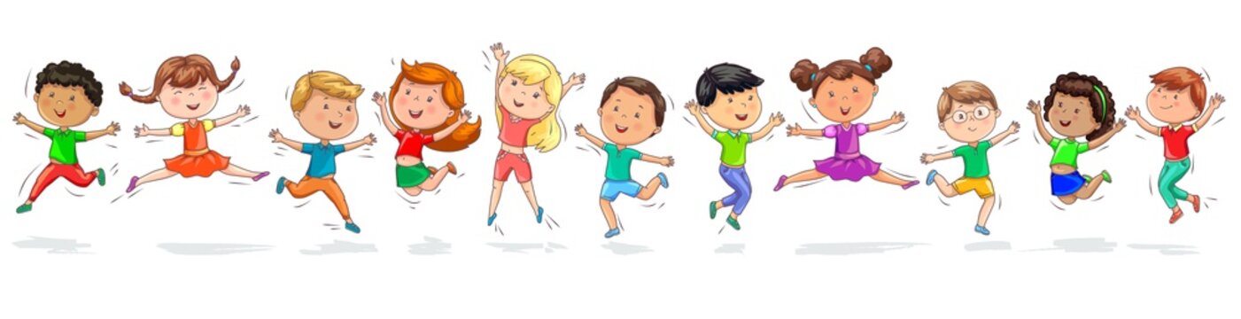 Many cute happy kids are jumping