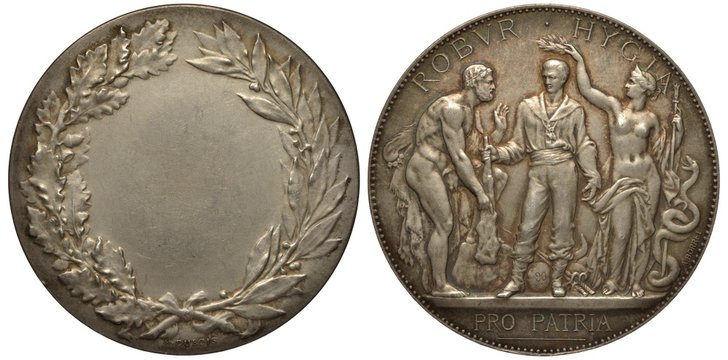 European medal end of 19th century, presumably blank for awarding winners of sports competitions, man in lion&rsquo;s fur symbolizing strength, sportsman, woman with snake wrapping around pikestaff 