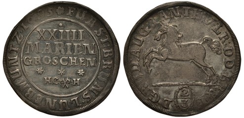 Germany German silver coin 24 twenty four mariengroschen 1695, Land Brunswick and Luneburg, denomination in center, galloping horse left, patina