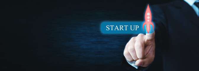 Hand touching transparent rocket icon. Startup concept