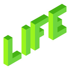 Creative abstract illustration with green word 'life' on white background. Isometric design. 3D concept.