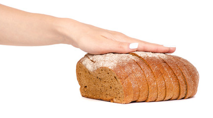 Bread sliced brown in hand on white background isolation
