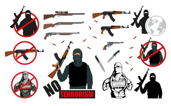 Set of world terror illustration.Weapon set. Stop Terrorism concept. Vector graphics to design.