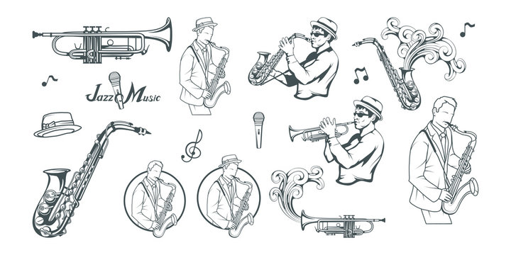 Jazz set. Saxophone player. Lettering with a microphone. Silhouette of a musician Vector graphics to design.