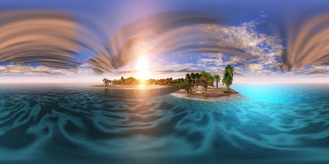 sunset on a tropical beach with palm trees, hdri, Environment map, Spherical panorama, panorama 360,