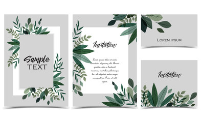 Vector illustration invitation card template with branches and leaf decoration. Set of greeting cards