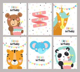 Set of birthday card with cute animals. Vector illustration