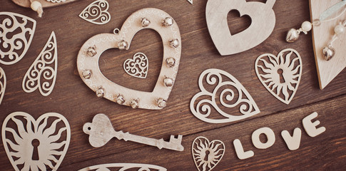 hearts on a wooden background. Lock and key. free space. Card. Love. banner