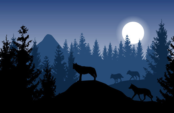 Blue vector landscape with a pack of wolves in dense forest with glowing moon.
