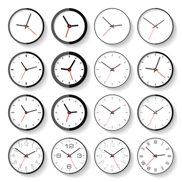 Set of different clock icons in flat style, minimalistic timers on white background. Business watchs. Vector design elements for you projects