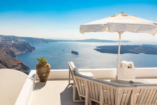 View Of Santorini Caldera In Greece From The Coast