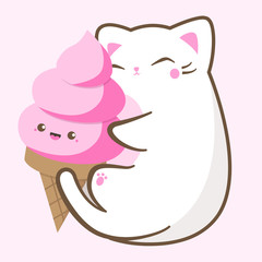 Kawaii illustration of a cute fat white cat enjoying a huge sweet strawberry ice cream cone over a pink background.