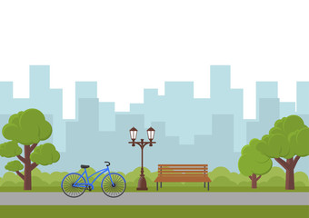 Vector illustration. City park with a bicycle.