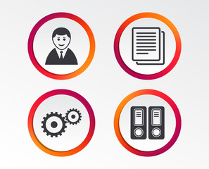 Accounting workflow icons. Human silhouette, cogwheel gear and documents folders signs symbols. Infographic design buttons. Circle templates. Vector