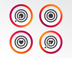 Target aim icons. Darts board with heart and arrow signs symbols. Infographic design buttons. Circle templates. Vector