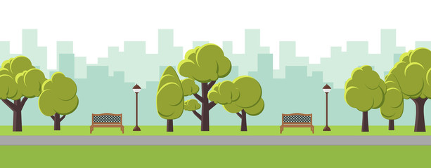 Vector landscape of city park with skyscrapers.Flat banner.