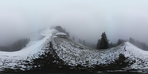 Snowfall in winter Switzerland alps, 360 vr panorama