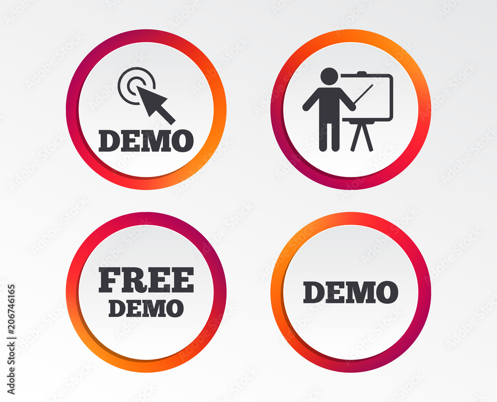 Poster demo with cursor icon. presentation billboard sign. man standing with pointer symbol. infographic de