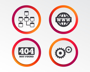Website database icon. Internet globe and gear signs. 404 page not found symbol. Under construction. Infographic design buttons. Circle templates. Vector