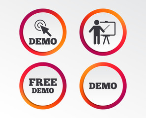 Demo with cursor icon. Presentation billboard sign. Man standing with pointer symbol. Infographic design buttons. Circle templates. Vector