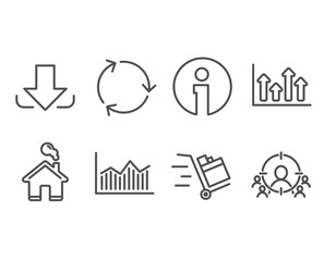 Set of Recycling, Money diagram and Upper arrows icons. Push cart, Download and Business targeting signs. Reduce waste, Currency diagram, Growth infochart. Vector