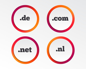 Top-level internet domain icons. De, Com, Net and Nl symbols. Unique national DNS names. Infographic design buttons. Circle templates. Vector - obrazy, fototapety, plakaty