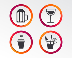 Drinks icons. Take away coffee cup and glass of beer symbols. Wine glass and cocktail signs. Infographic design buttons. Circle templates. Vector