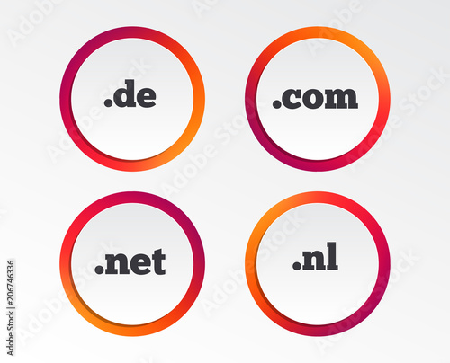 "Top-level internet domain icons. De, Com, Net and Nl symbols. Unique
