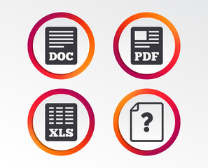 File document and question icons. XLS, PDF and DOC file symbols. Download or save doc signs. Infographic design buttons. Circle templates. Vector