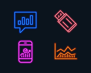 Neon lights. Set of Usb flash, Analytical chat and Smartphone statistics icons. Trade infochart sign. Memory stick, Communication speech bubble, Mobile business. Business analysis. Vector