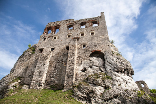 Ogrodzieniec, Podzamcze / Poland - May 5, 2018: Old castle wall in the village Podzamcze. Ruins of the castle on the upland, Jura Krakowsko-Czestochowska. The Trail of the Eagle's Nests.