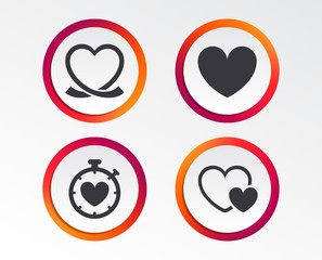 Heart ribbon icon. Timer stopwatch symbol. Love and Heartbeat palpitation signs. Infographic design buttons. Circle templates. Vector