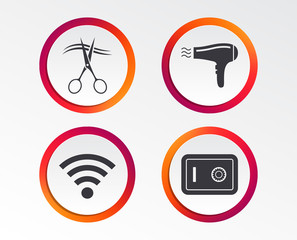 Hotel services icons. Wi-fi, Hairdryer and deposit lock in room signs. Wireless Network. Hairdresser or barbershop symbol. Infographic design buttons. Circle templates. Vector