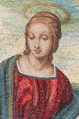 A very nice madonna made in glass and marble mosaic tiles. The style looks like the Madonna del Cardellino of Raffaello Sanzio, the famous artist of Italian Renaissance. - obrazy, fototapety, plakaty