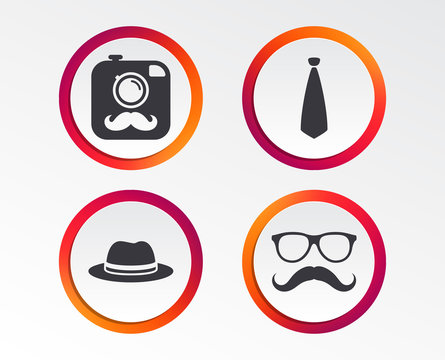 Hipster photo camera with mustache icon. Glasses and tie symbols. Classic hat headdress sign. Infographic design buttons. Circle templates. Vector