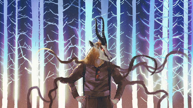 human with springbok head standing on background of forest, digital art style, illustration painting