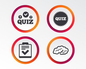 Quiz icons. Human brain think. Checklist symbol. Survey poll or questionnaire feedback form. Questions and answers game sign. Infographic design buttons. Circle templates. Vector