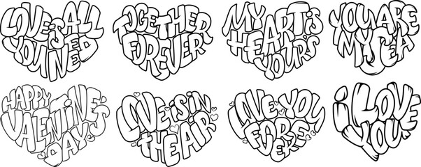 Coloring pages for Adult. Design for wedding invitations and Valentine's Day, lettering in heart. Quote about love in bubble style