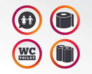 Toilet paper icons. Gents and ladies room signs. Paper towel or kitchen roll. Man and woman symbols. Infographic design buttons. Circle templates. Vector