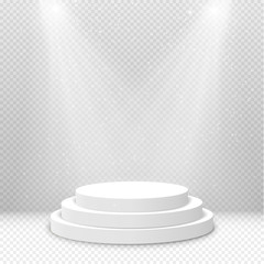 Illuminated podium background. Pedestal stage for presentation or show. Vector light scene design