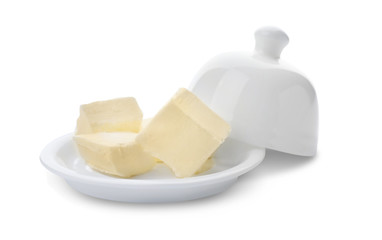 Dish with tasty fresh butter on white background