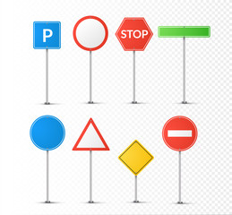 Road signs isolated on transparent. Vector street signs illustration. Road highway symbols design