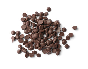 Delicious black chocolate chips on white background
