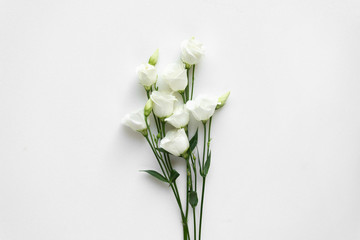 White beautiful roses on white marble. Top View.