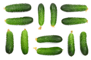 Cucumber set isolated on white background. Top view. Flat lay pattern