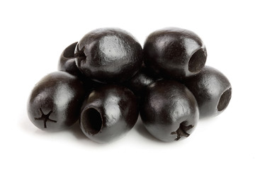 whole black olives isolated on white background macro