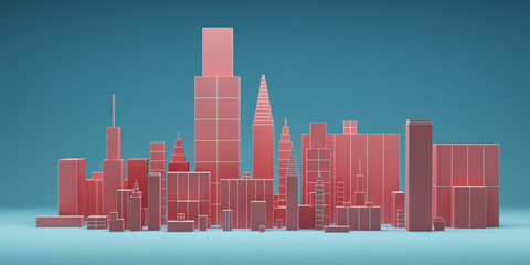 Abstract city with skyscrapers background, futuristic city panorama. 3d illustration.