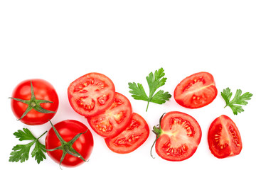 tomatoes with parsley leaves with copy space for your text isolated on white background. Top view. Flat lay